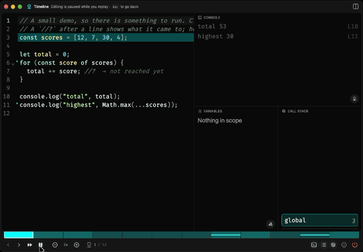 JSpark's Timeline replaying a short script step by step: each step highlights the running line and updates the console and variables.
